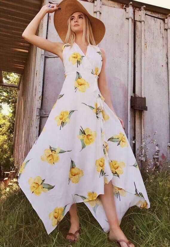 WAREHOUSE Yellow Daffodil Flower White Midi Summer Dress Sizes 6