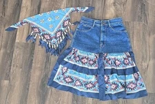 Vintage Upcycled Jean Skirt and Bandana Scraf with Aztec Bandana Bottom Western
