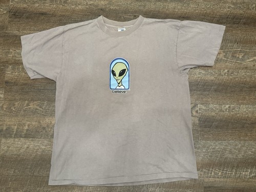 Vintage Alien Workshop Shirt Mens Large 90s Skate Believe Skateboarding Tan Gray