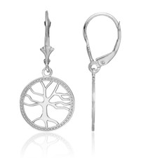 14K Solid White Gold Tree of Life Round Dangle Earrings