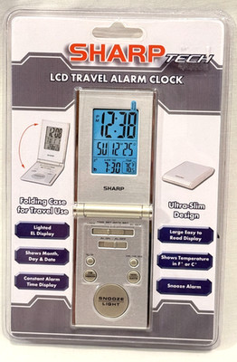 Sharp Tech LCD Ultra Slim Folding Travel Alarm Clock Large Lighted Display NEW
