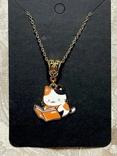 Calico Cat Reading Enamel Pendant Gold Necklace 18” Bohemian Novelty Necklace