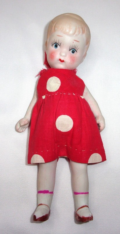 Vintage Japan Bisque Doll Painted, tilted head - 6.5" Arms/Legs Move