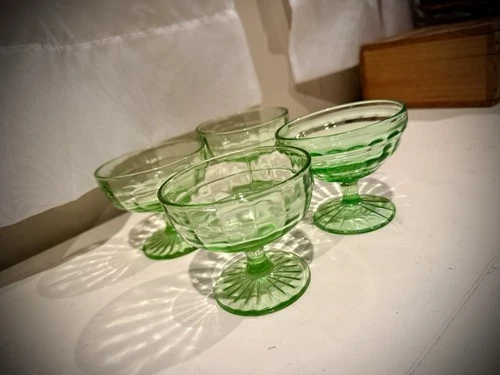 4 Vintage Anchor Hocking Uranium Green Block Optic Sherbet Dessert Cups