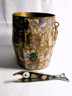 Vintage Abalone Shell Ice Bucket and Bottle Opener Mexico Alpaca