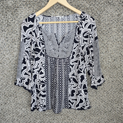 Crown & Ivy Top Womens Small Gray Printed Peasant Blouse V Neck Casual Ladies
