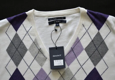 NEW GANT Men's Jumper Herren Pullover Gr. M V-Neck Baumwolle/Seide Rautenmuster - Bild 1 von 4