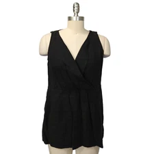 Eileen Fisher Black Sleeveless Top Size S Linen Blend Textured Pockets Faux Wrap