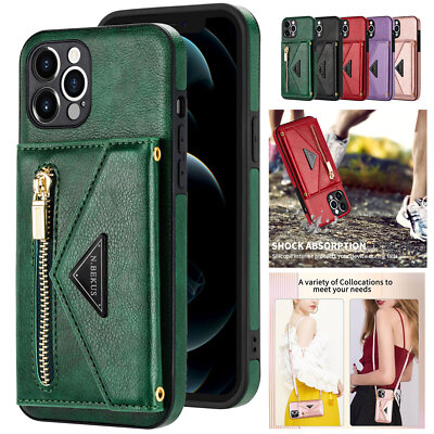 Hot For iPhone 15 14 Plus 13 Pro Leather Wallet Card Flip Stand Case Strap