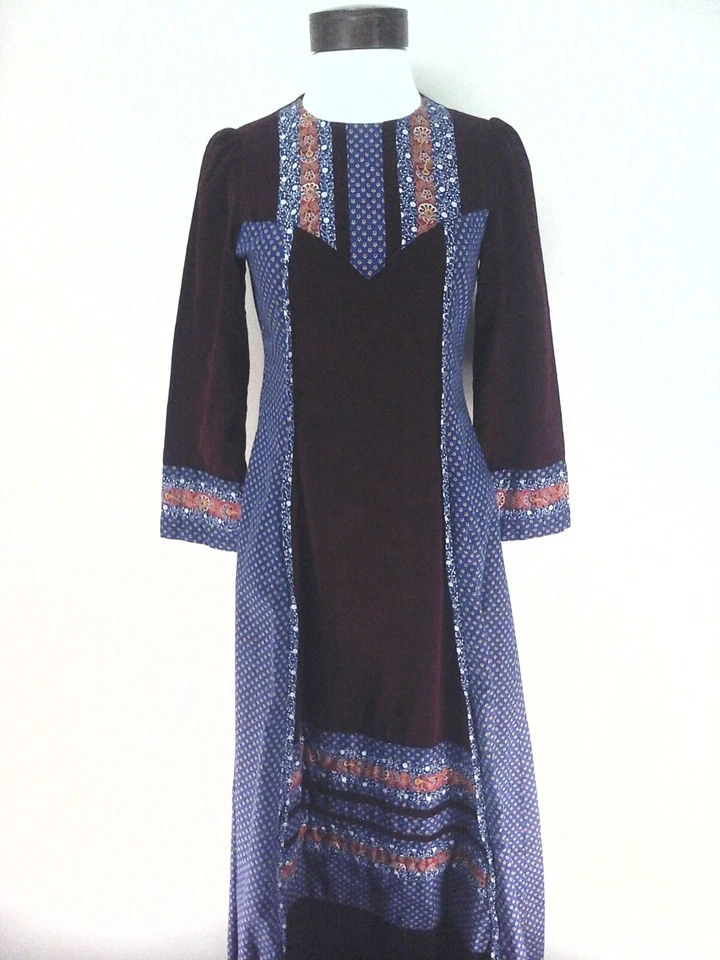 Vestido Vintage Pradera Borgoña Pana Azul Multi Floral Boho Maxi XS ¡RARO! Foto 3 de 4