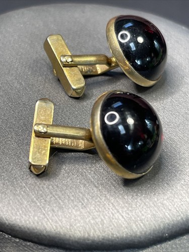 Men’s Cufflinks Signed Swank Gold Tone Blood Red Glad Domed Style Vintage - Picture 4 of 8