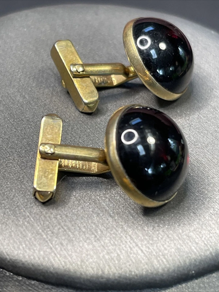 Men’s Cufflinks Signed Swank Gold Tone Blood Red Glad Domed Style Vintage - Image 4 of 4