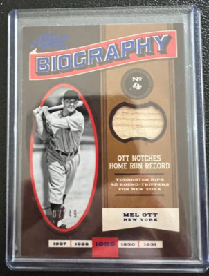 2016 PANINI PRIME CUTS MEL OTT GIANTS GAME USED RELIC BAT #ED 7/49