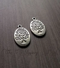 4 Tree of Life Charms Antiqued Silver Stamped Pendants Oval 2 Sided