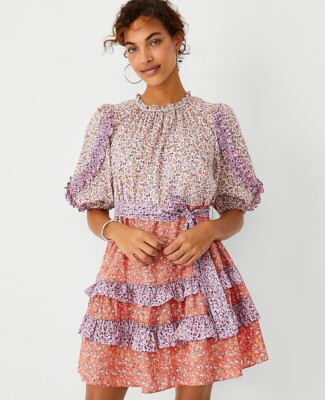 Ann Taylor Floral Ruffle Flare Dress Women's Size 0 Cottage Prairie Fields  Flowy | eBay