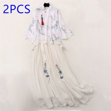 2pcs Damen Stickerei Blumen Bluse Rock Set Zen Tee Anzug Chinesisch Hanfu Süß
