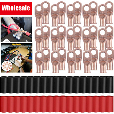 10-Pack 1/0 AWG Copper Lugs With Green & Black Heat Shrink Ring Terminals