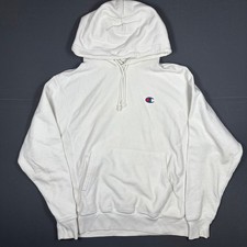 Champion Reverse Weave Hoodie Mens Medium White Small C Logo Pullover Sweatshirt
