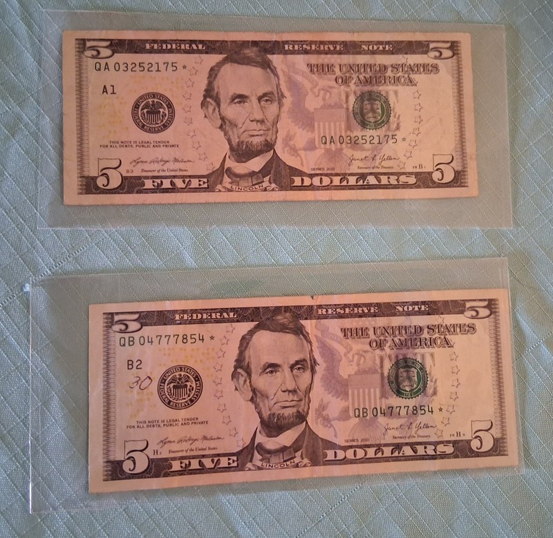 Two $5 Five Dollar Federal Reserve Note Star Notes (2-2021's)