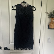 SANDRO Paris size 36 GUIPURE Navy Lace Dress Grosgrain Ribbon Neck US sz S 4