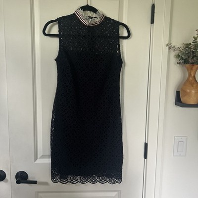 SANDRO Paris size 36 GUIPURE Navy Lace Dress Grosgrain Ribbon Neck US sz S 4
