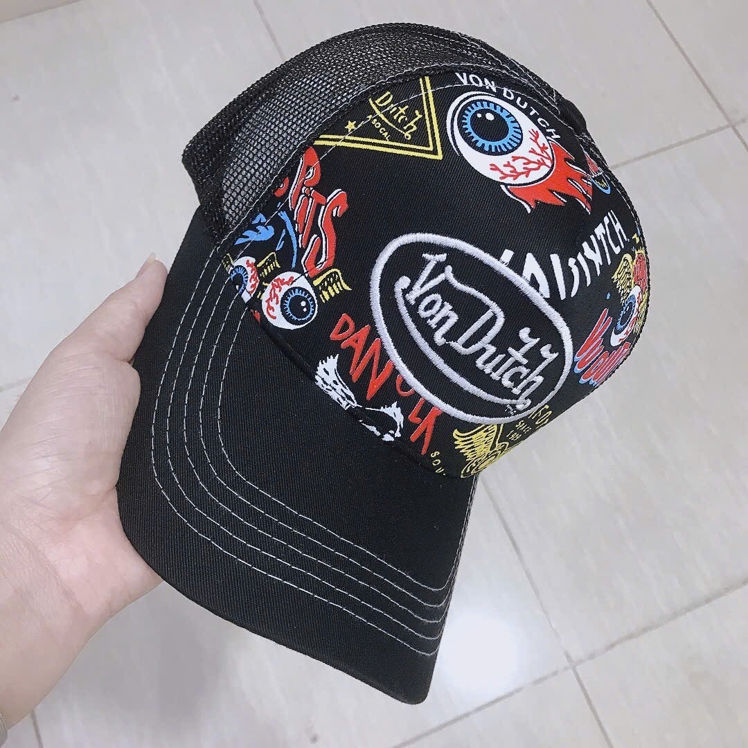 Von Dutch Flying Eyeball Trucker Hat Black Mesh Snapback All Over