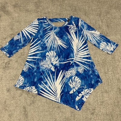 Clara Sun Woo Shirt Womens Large Blue White Floral Tunic Asymmetric 3/4 Sleeve