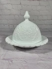 Vintage White Milk Glass Domed Lid Butter Cheese Scalloped Edge Dish