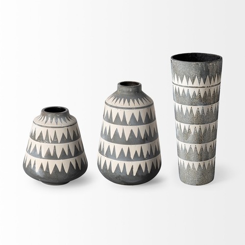 10" Gray And Ivory Geometric Cylinder Ceramic Table Vase - Bild 4 von 11
