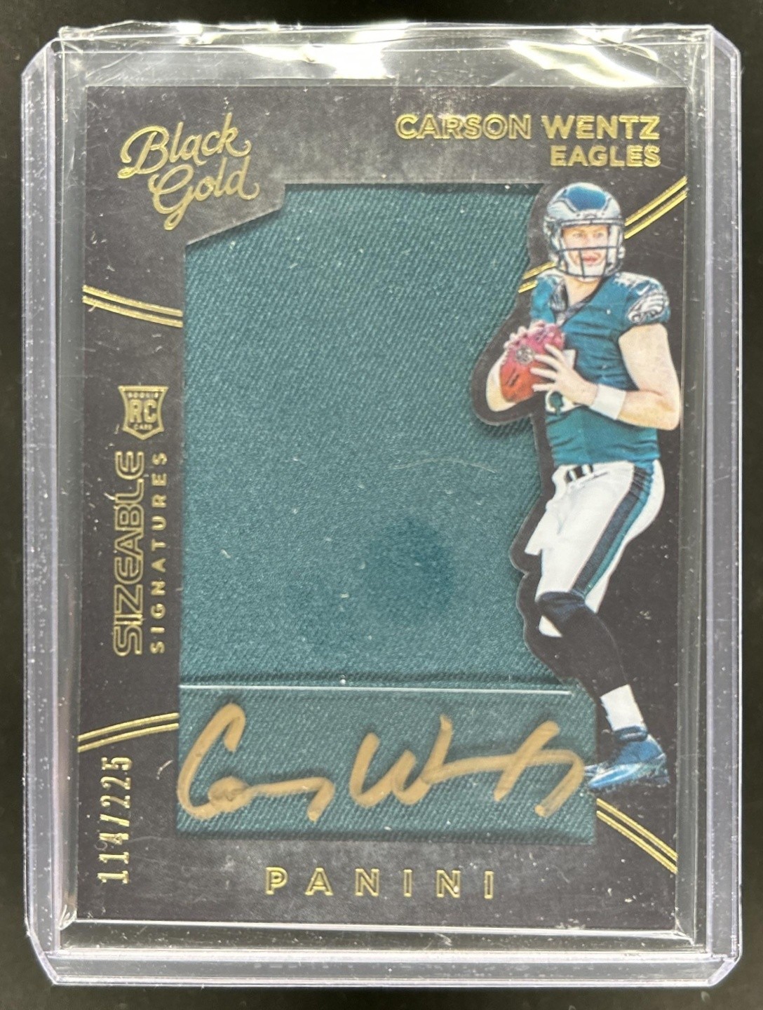 Carson Wentz Panini Black Gold #90 Material Signature-Nike Logo