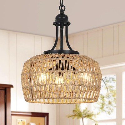 Farmhouse Chandelier for Dining Room, 3-Light Boho Rattan Chandelier Light Fi...