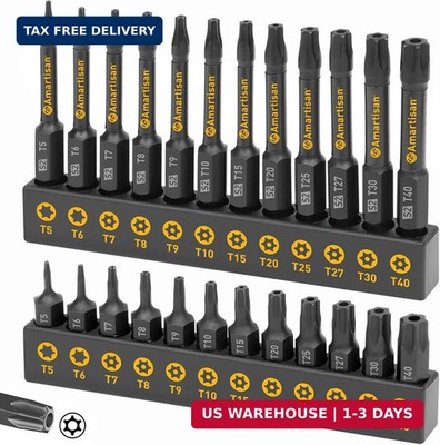 Amartisan Torx Bit Set, 24-Piece S2 Steel, 1'' & 2.3'' Long T5 - T40, Security, Ta