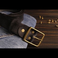 Vintage Top Grain Cowhide Leather Belt Brass Screw Buckle Distressed Mens 38mm