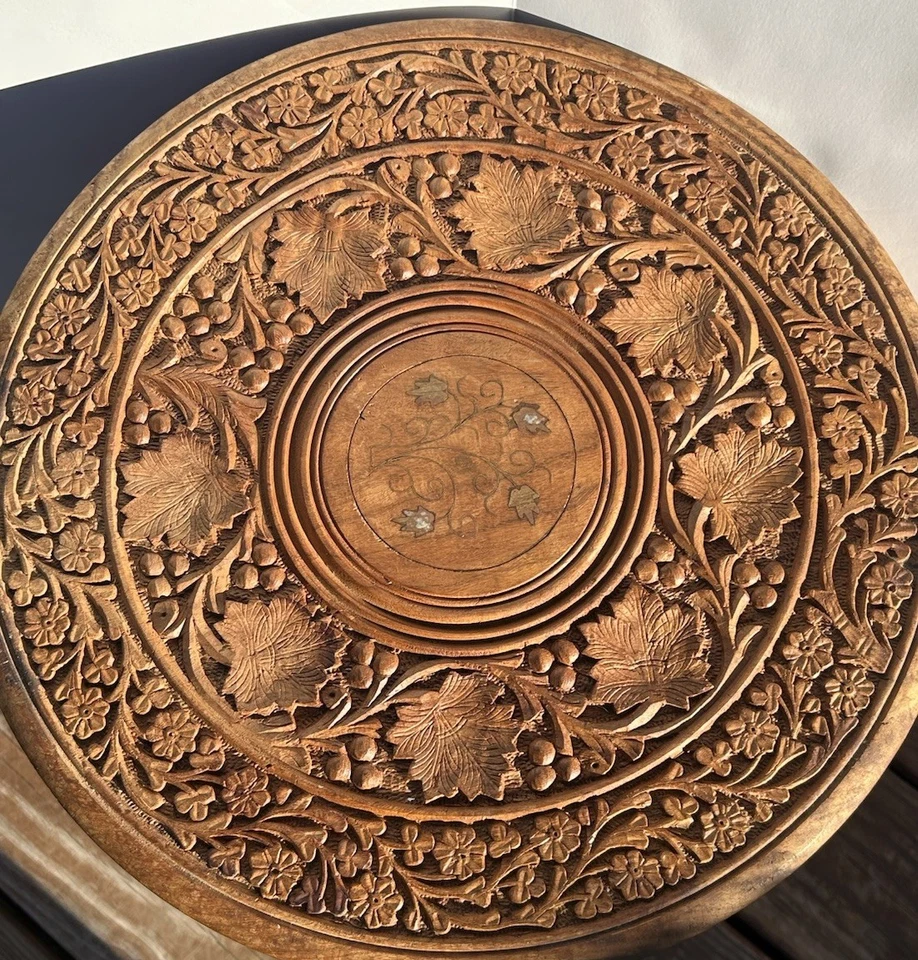 Vintage MCM Artisan Carved Octagonal Folding Wood Table India 15. 5 X 14 Indoor - Image 2 of 4