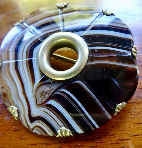 antique Victorian Scottish banded AGATE flower circle brooch silver tone -307 - Picture 2 of 4