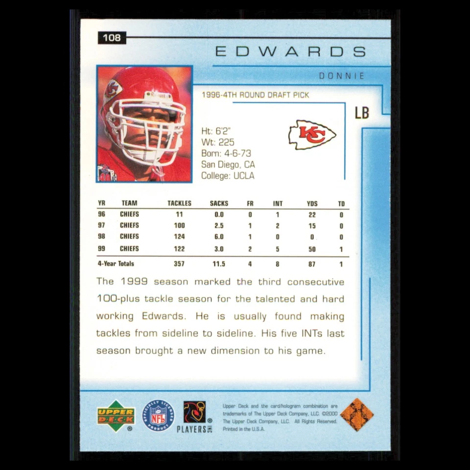 Donnie Edwards #108 2000 Upper Deck Kansas City Chiefs Football Card NFL NM - Image 2 of 3