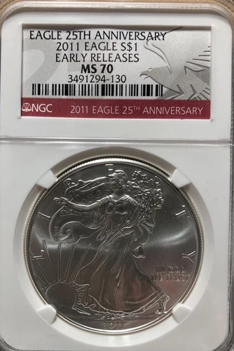 2011  1 Oz Silver American Eagle NGC MS70 -25th Anniversary
