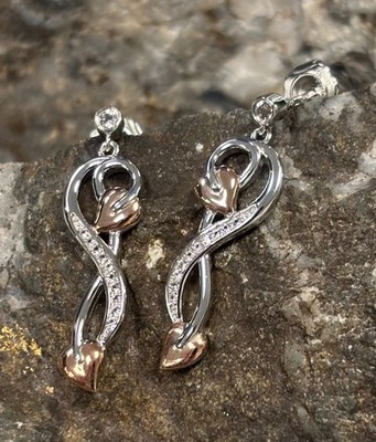 Clogau Silver & 9ct Rose Gold Tree of Life White Topaz Drop Earrings Rare Wales