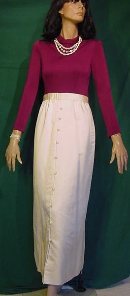Vintage 70s Eggplant Purple White Satin Maxi Dress B34