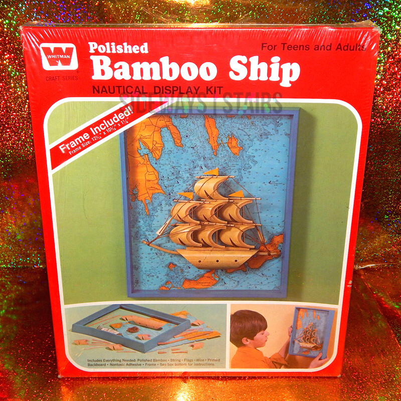 WHITMAN POLISHED BAMBOO SHIP W/ DISPLAY FRAME 1973 vintage nautical model kit