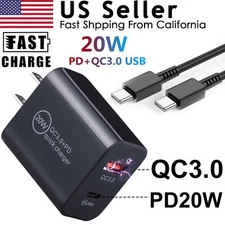 USB Type-C Fast Quick Charge QC 3.0 PD20W Power Adapter Wall Charger 3 FT Cable