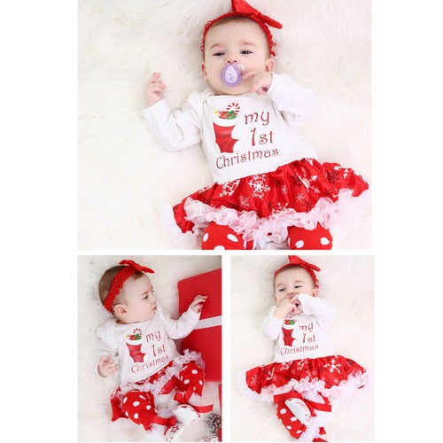 4pcs Newborn Baby Infant Girls 1st Christmas Headband Tutu Dress Costume Outfits - Picture 2 of 31