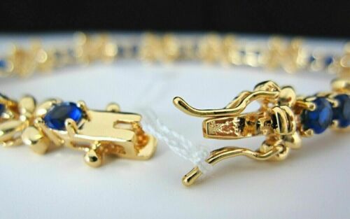 10Ct Blue Sapphire Tennis Bracelet Round Cut Lab Created 14K Yellow Gold Plated - Picture 2 of 9