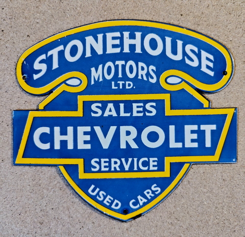 VINTAGE STONEHOUSE CHEVROLET DEALER PORCELAIN ENAMEL CHEVY SIGN SIZE 10" x 9" - Picture 6 of 7