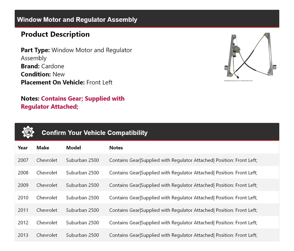 Motor/regulador de ventana Cardone 2008 2009 para Chevrolet Suburban 2500 2007-2013 Foto 2 de 4