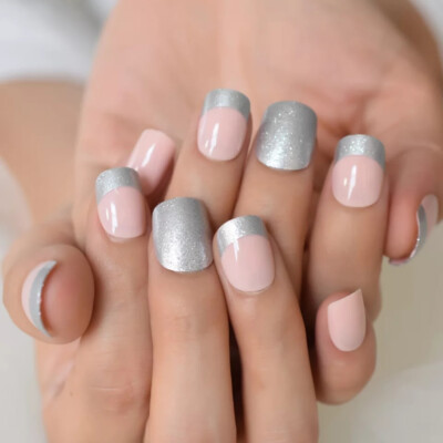24 Short Press on nails kit w glue Unique pink silver design french 