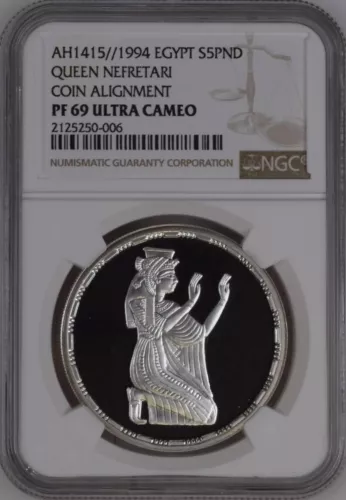 EGYPT , 5 POUNDS QUEEN NEFERTARI 1994 TOTAING DIES NGC PF 69 UC , RAREW