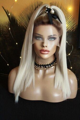 Perücke Lace wig netz braun blond bob glatt halblang helllbond weißblond ombre - Bild 9 von 12