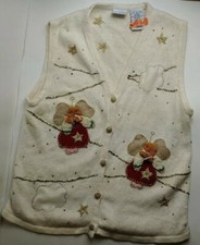 Bobbie Brooks Ivory Sweater Vest Christmas Holiday Angel Bells Gold Stars Sz S
