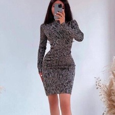 New Zara Black Metallic Gold Short Knit Dress 1822/016 Large